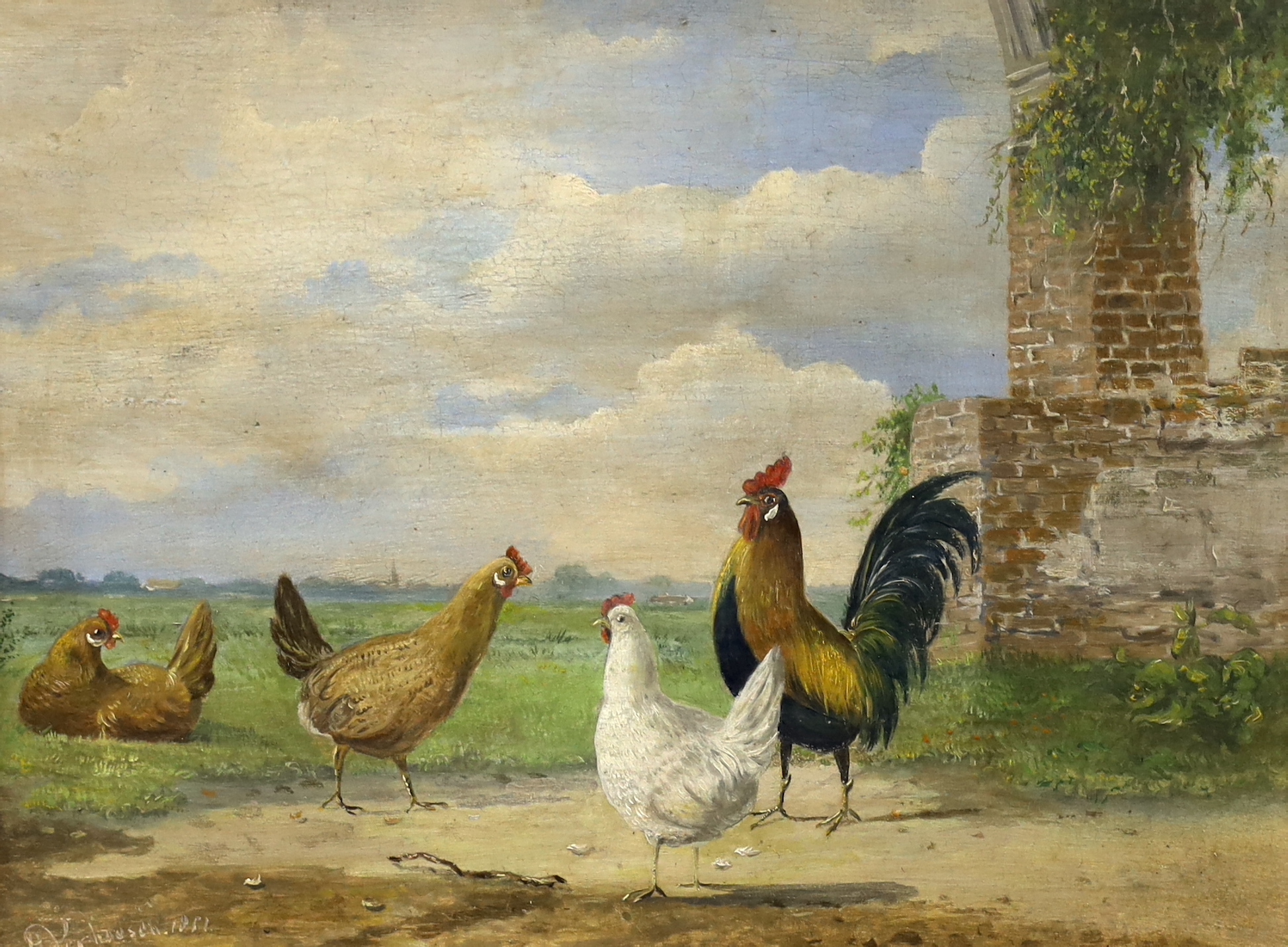 Dutch School, oil on board, Study of chickens before a landscape, indistinctly signed and dated 1851, 24 x 18cm